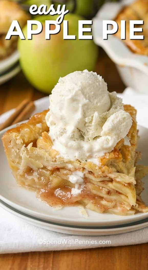 :ayers of tender juicy apples piled high in a flaky pie crust, this easy apple pie recipe is a favorite. Cinnamon, sugar and juicy apples are the perfect classic combination. Serve this with ice cream or a slice of cheddar for the perfect dessert! #spendwithpennies #applepie #applepierecipe #bakedapples #easyapplepie #pierecipe #dessertrecipe #appledessert #easyaspie