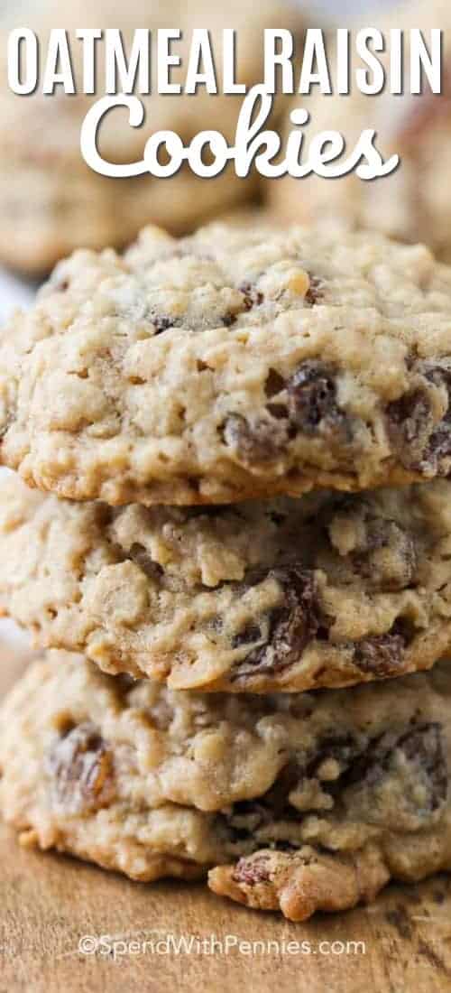 A plate of soft chewy oatmeal raisin cookies is the perfect snack with a tall glass of milk. #spendwithpennies #cookies #oatmealcookies #oatmealraisincookies #cookierecipe #dessert #lunchbox #fromscratch
