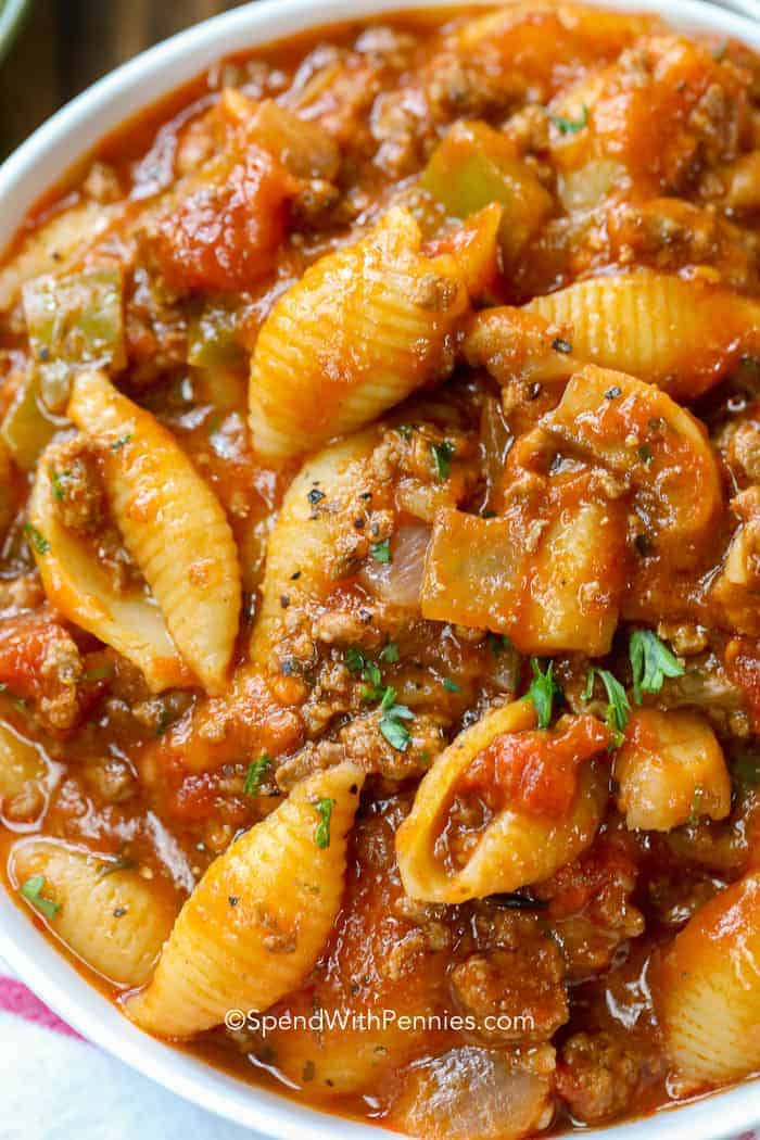 Overhead shot of Crockpot Goulash in a white bowl