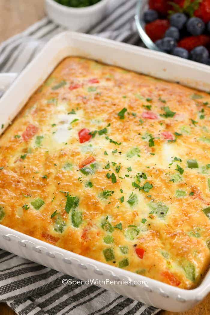 Baking dish of uncut Denver Egg Casserole