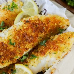 Parmesan Crusted Tilapia with lemon slices