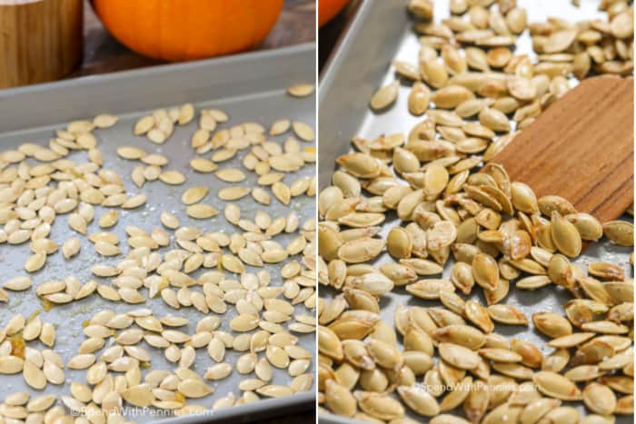 pumpkin seeds on a sheet pan for how to roast pumpkin seeds