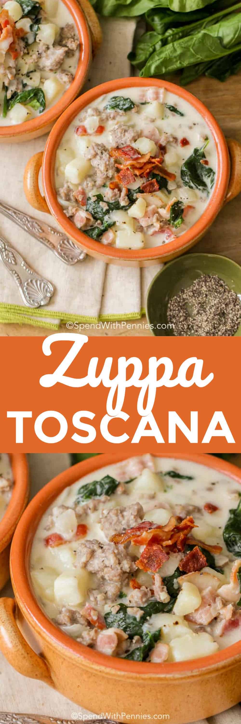 Zuppa Toscana is quick and easy to make at home and delicious! Loaded with sausage, potatoes and bacon, this is definitely a crowd pleaser! #spendwithpennies #zuppatoscana #easyrecipe #easysoup #creamysoup #withbacon #withspinach