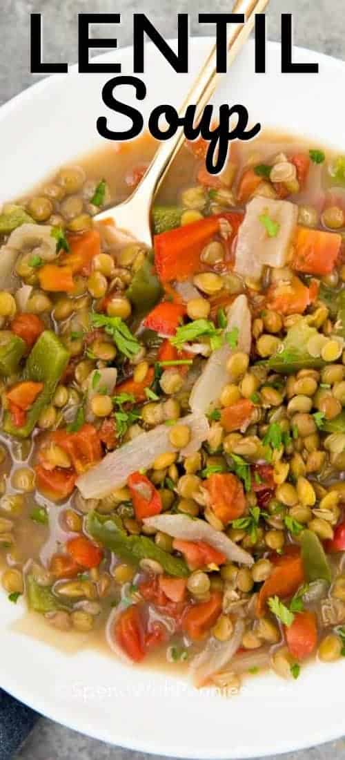 Overhead shot of Lentil Soup with a title