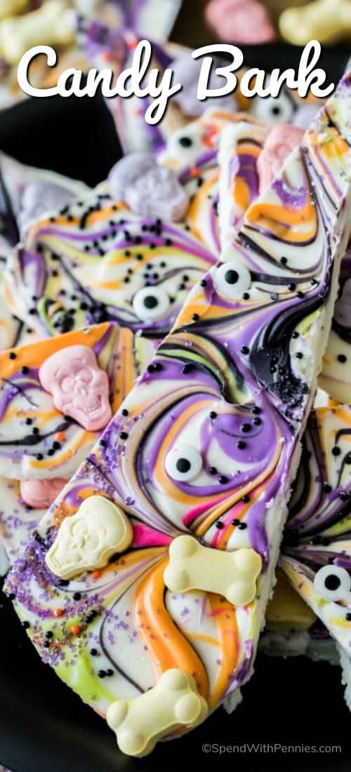 Overhead shot of Halloween Candy Bark with a title