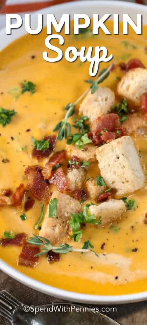 This creamy pumpkin soup recipe is loaded with bacon, pumpkin, and spices. It is the ultimate comfort food! #spendwithpennies #pumpkin #pumpkinsoup #soup #bisque #creamy #pumpkins