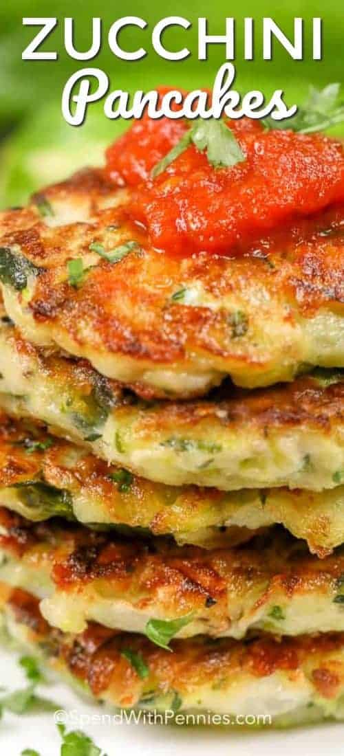 Stack of Zucchini Pancakes with a title