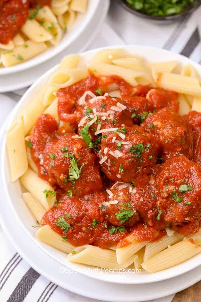 Overhead shot of Crockpot Meatballs over rigatoni