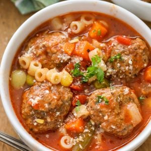 Overhead picture of Meatball Soup in a white bowl
