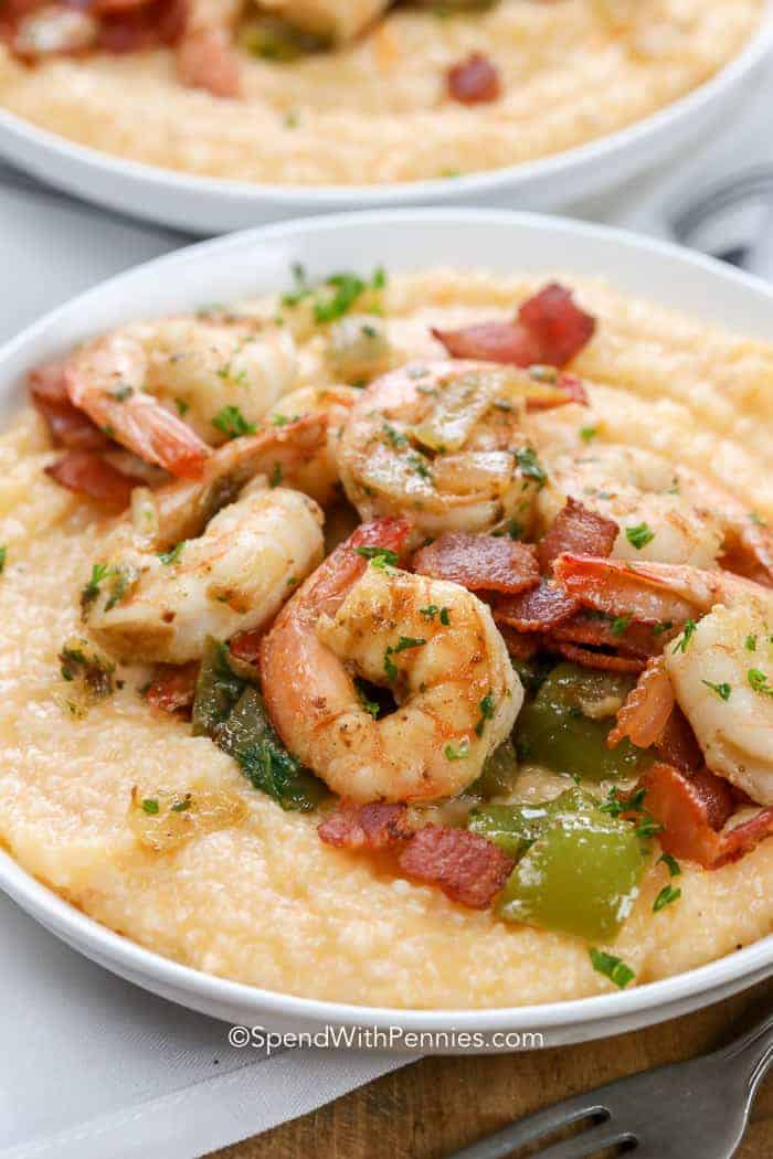 Shrimp and Grits on a white dish