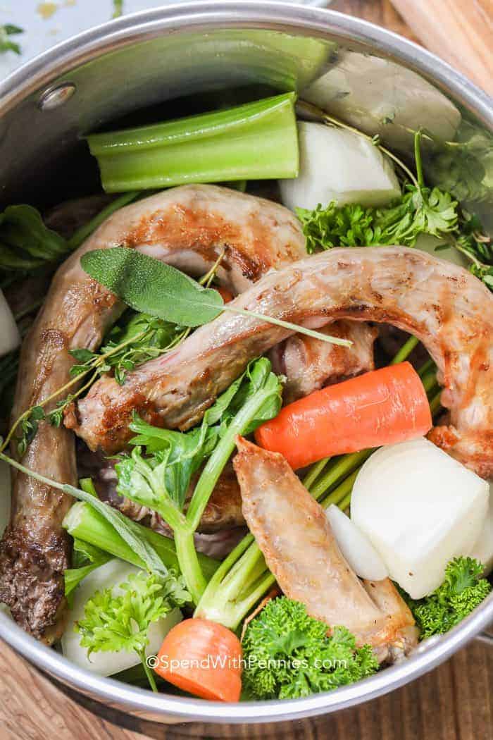 Turkey Gravy ingredients in a steel pot