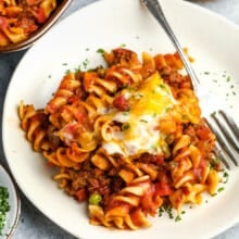 a plate of baked hamburger casserole