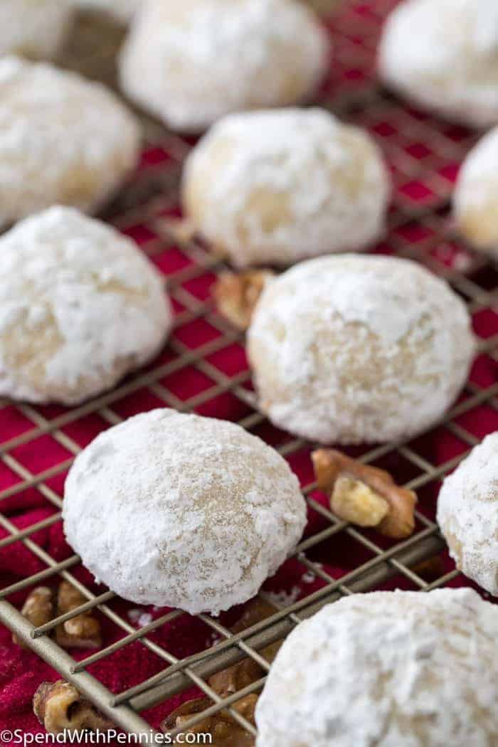 Mexican Wedding Cookie with pecans on cooling rack