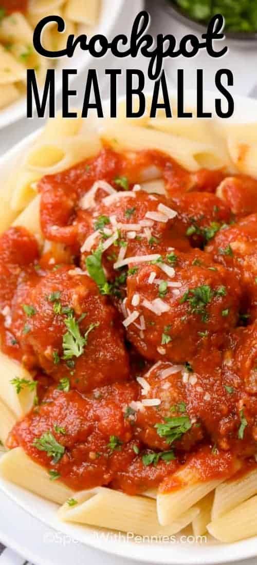 Crockpot Meatballs are an effortless way to prepare tender and delicious meatballs! No need to pre brown these meaty morsels, they cook perfectly right in the crock pot. Sauced up with a rich and chunky tomato sauce and you have an authentic Italian style meal, easy as pie! #spendwithpennies #crockpot #meatballs #crockpotmeatballs #easyrecipe #meatballrecipe #italianmeatball #makeahead #meatballswithsauce