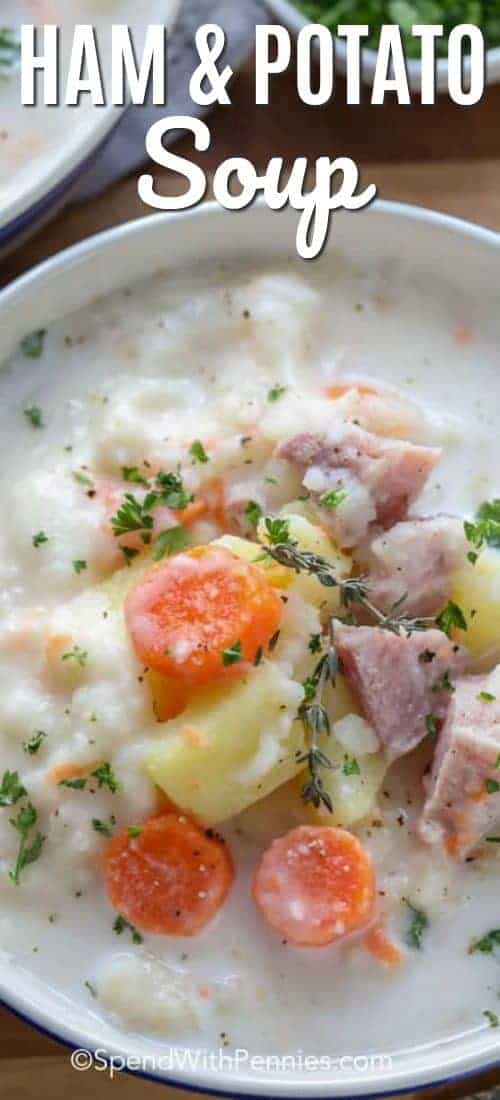 This creamy ham and potato soup is easily made in the slow cooker, so dinner is ready when you are. It's the perfect way to use up your leftover ham! #spendwithpennies #ham #potatoes #potatosoup #hamandpotatosoup #slowcooker #slowcookersoup #soup #comfortfood ham and potato soup with text and parsley