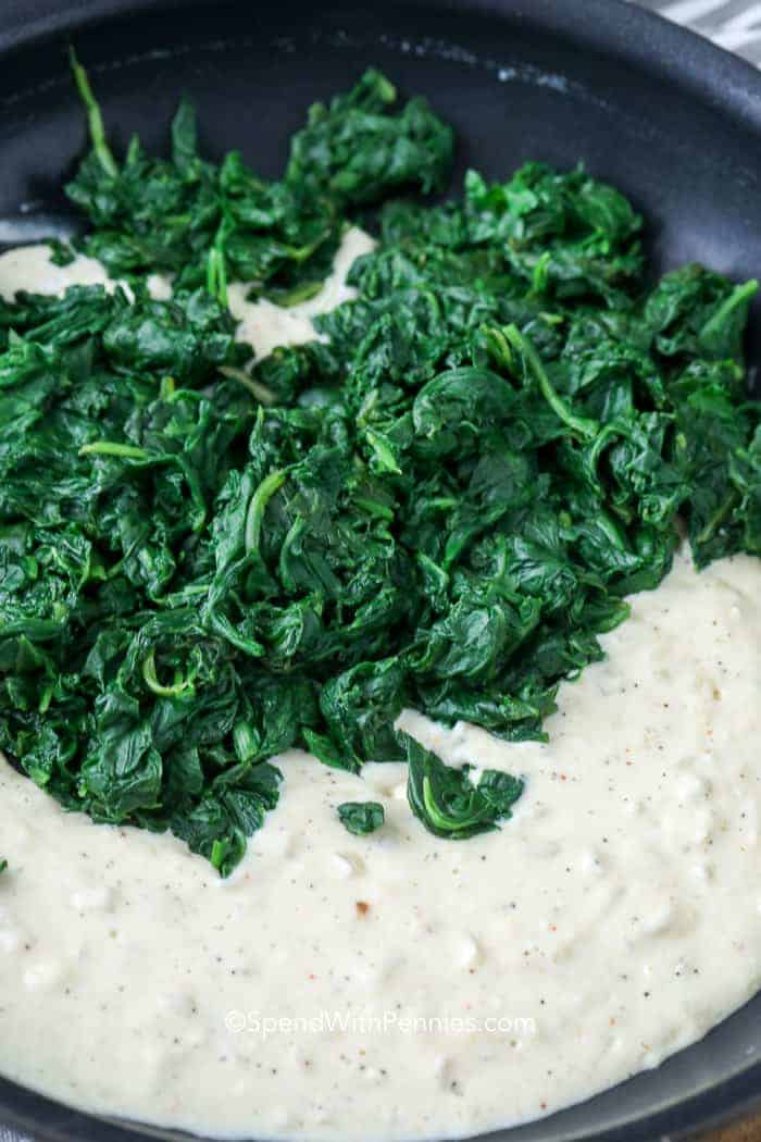 This creamed spinach recipe is an easy and delicious option that combines fresh or frozen spinach with a velvety cheese sauce. Featuring cream cheese, heavy cream, and sautéed onions, making it perfect as a dip or as a stuffing for chicken breasts. This is an easy side or light vegetarian main, that brings a savory, buttery flavor to the table. Enjoy this delightful blend of textures and tastes in just a few simple steps! #spendwithpennies creamed spinach in pan unmixed