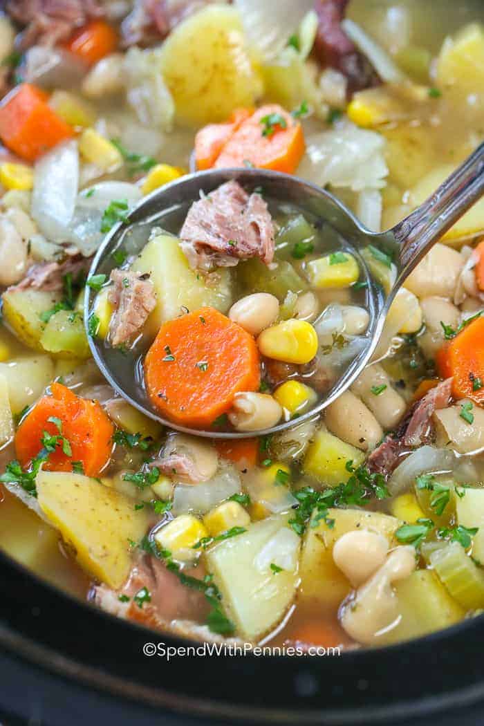 ham bone soup in dish being served