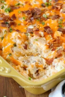 a close up of twice baked potato casserole