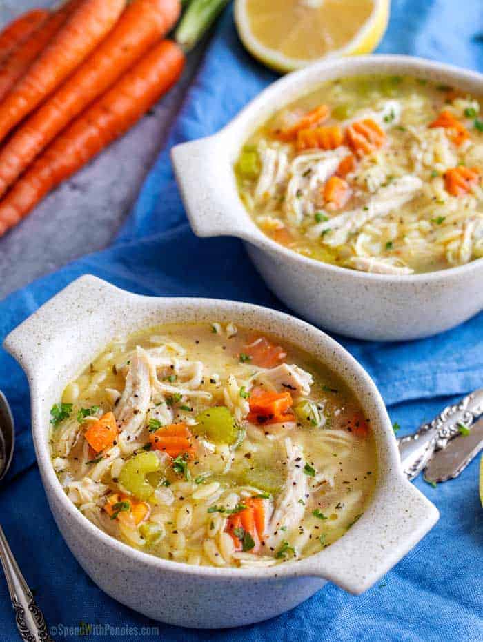 Bowls of greek lemon chicken soup