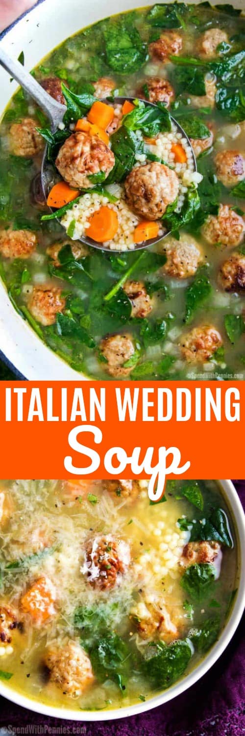We just love with this hearty Italian Wedding Soup made easily on the stovetop! It's the perfect weeknight meal. #spendwithpennies #soup #easyrecipe #italianwedding #stovetop #easylunch #easydinner