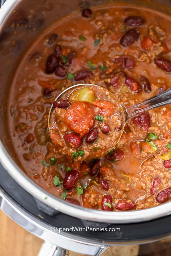 Instant Pot Chili with a ladle