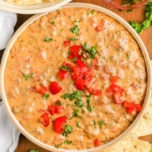 a bowl of Rotel dip topped with tomatoes and cilantro