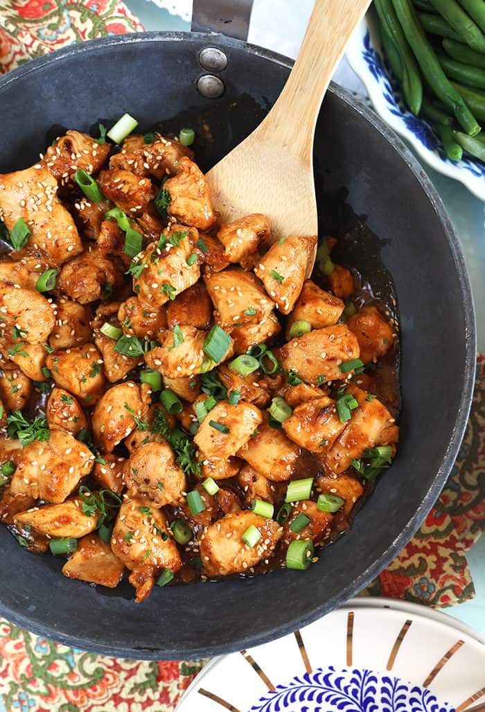 Teriyaki Chicken with green beans in a pan