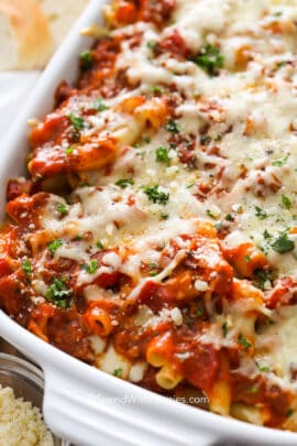 baked ziti casserole in a white dish