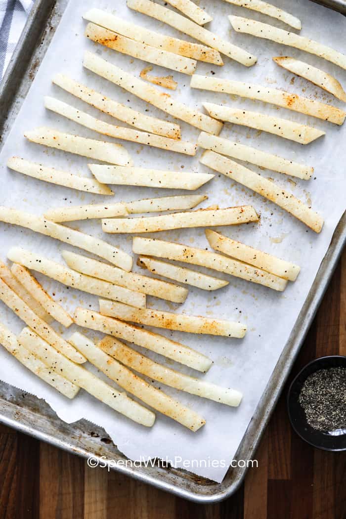Raw Jicama Fries on a sheet pan