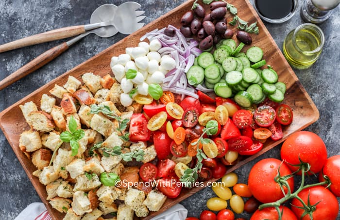 Panzanella ingredients on a board