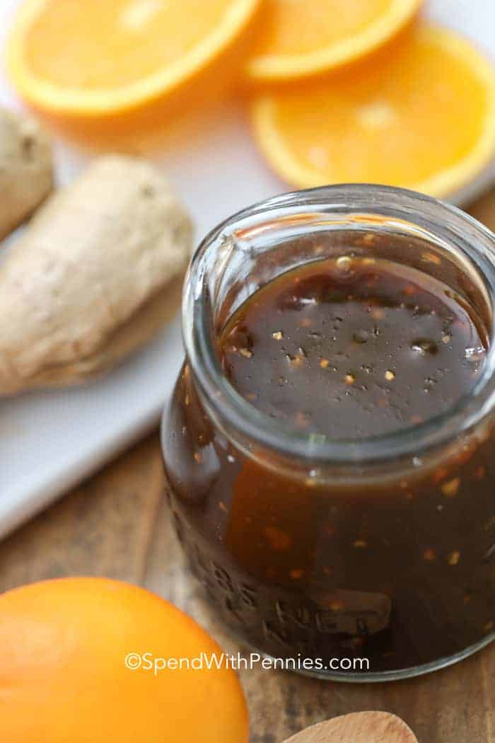 Glass container of homemade teriyaki sauce