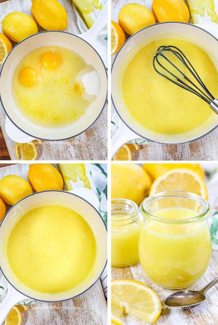 Lemon curd in a pot with a whisk and in a jar