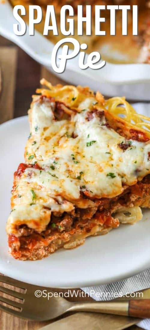 Piece of spaghetti pie on a white plate with a fork and a title