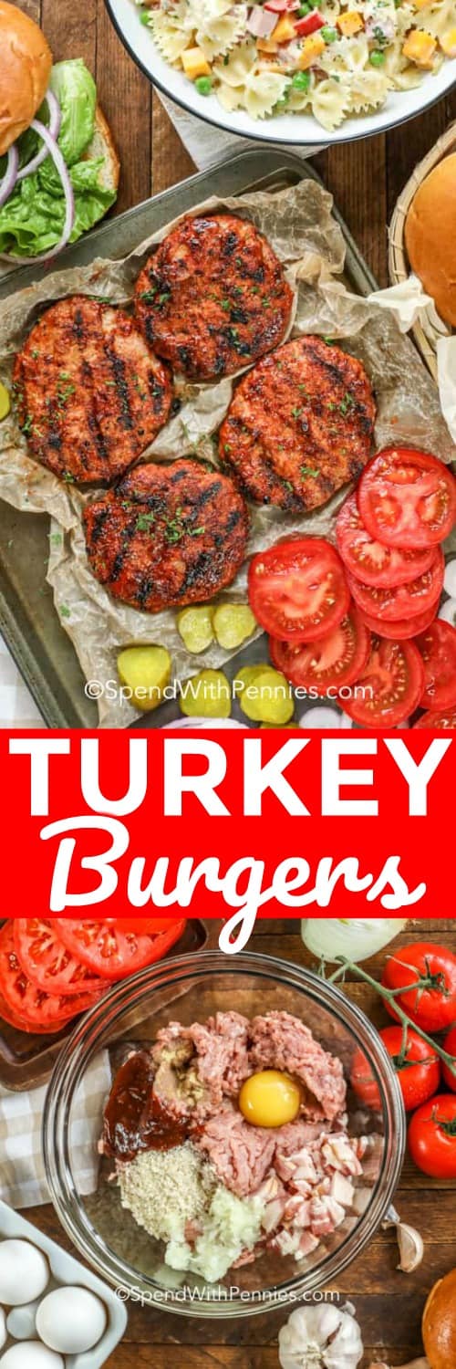 This is the best turkey burger recipe! With ground turkey, bacon and an easy BBQ sauce, it is a quick and simple recipe to put together. You can even make ahead and freeze these turkey patties to have an easy weeknight dinner on hand! #spendwithpennies #turkeyburgers #burgers #maincourse #grilling #barbecueing