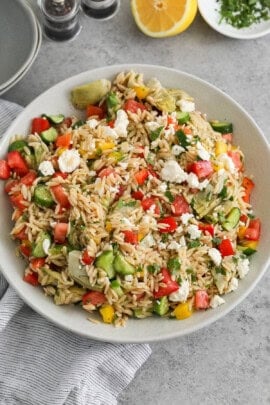 Mediterranean Orzo Salad on a cloth napkin
