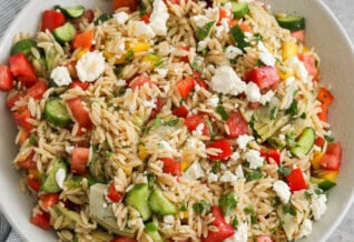 Mediterranean Orzo Salad on a cloth napkin