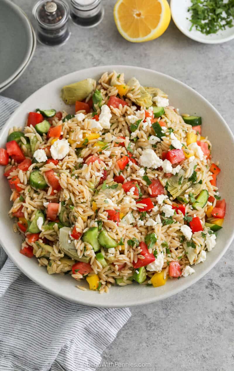 Mediterranean Orzo Salad on a cloth napkin