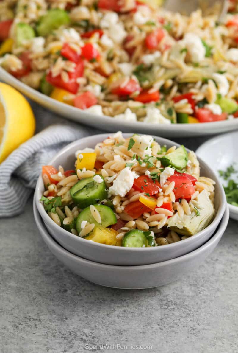 Mediterranean Orzo Salad in a small bowl
