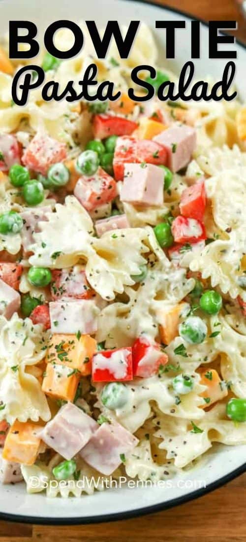 Bow Tie Pasta Salad shown with a title