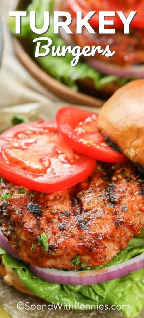 This is the best turkey burger recipe! With ground turkey, bacon and an easy BBQ sauce, it is a quick and simple recipe to put together. You can even make ahead and freeze these turkey patties to have an easy weeknight dinner on hand! #spendwithpennies #turkeyburgers #burgers #maincourse #grilling #barbecueing