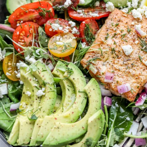 Avocado Salmon Salad with salmon, tomatoes, cucumbers and cheese