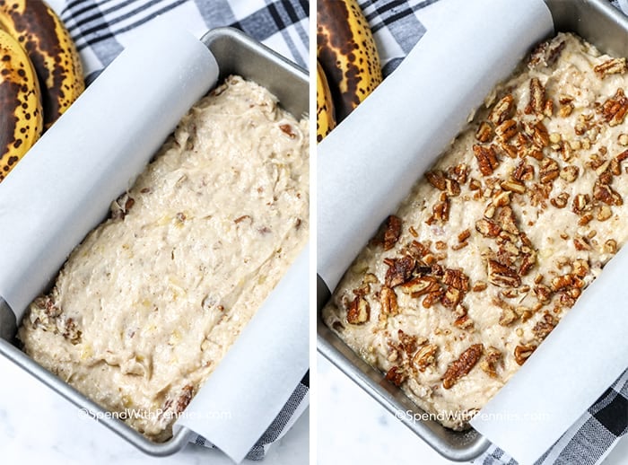 Two pictures of Banana Nut Bread batter in a loaf tin, one with nuts on top