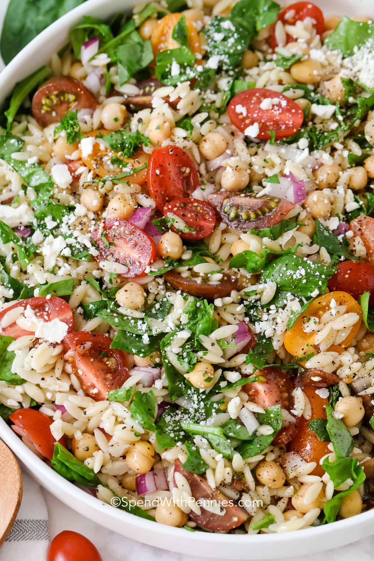 orzo pasta salad in a bowl with feta