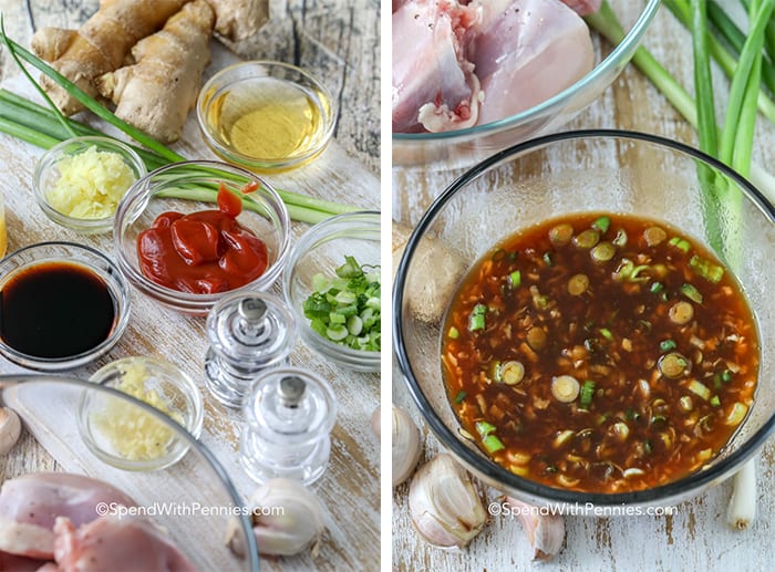 ingrédients pour la sauce aux cuisses de poulet grillées, et mélangés ensemble comme une sauce dans un bol transparent