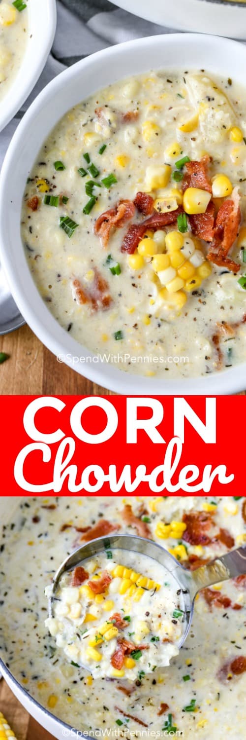 This creamy corn chowder is made with crumbled bacon, potatoes, heavy cream, and chicken broth. My family thinks this is the best soup, especially when topped with extra bacon and jalapeños for a little extra spicy-ness! #spendwithpennies #cornchowder #chowderrecipe #creamysoup #30minmeal