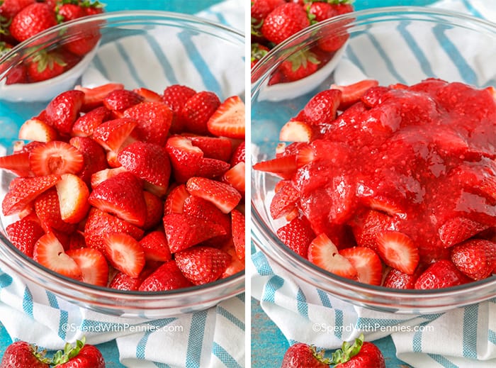 cut strawberries in a bowl, and adding sauce to the berries