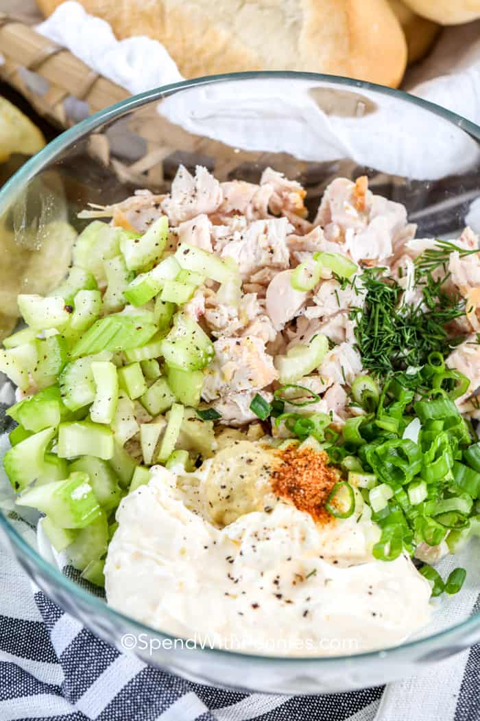 Bacon Ranch Chicken Salad ingredients in a bowl before mixing together