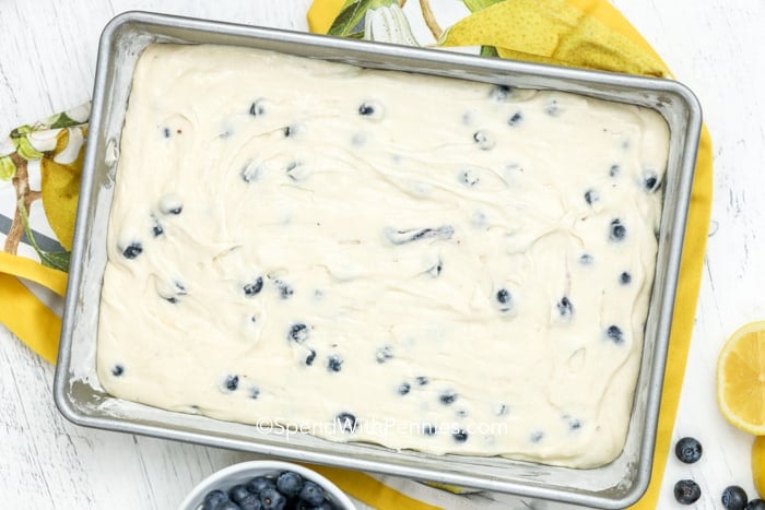 Overhead shot of Lemon Blueberry Cake batter in a baking dish