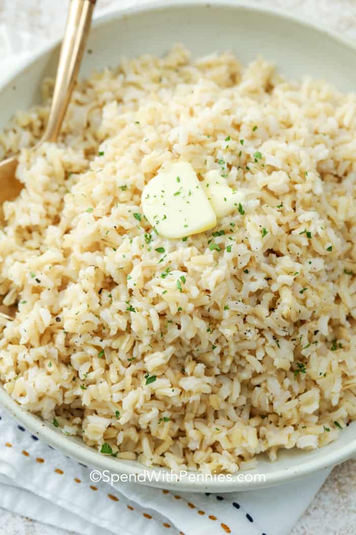 Oven Brown Rice in a white bowl