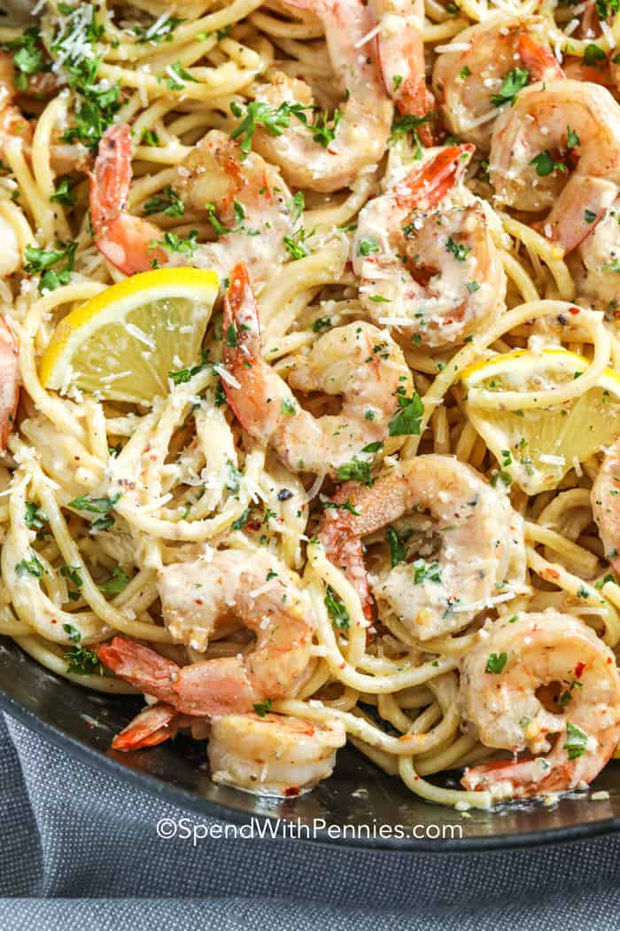 Closeup of Shrimp Garlic Pasta in a skillet